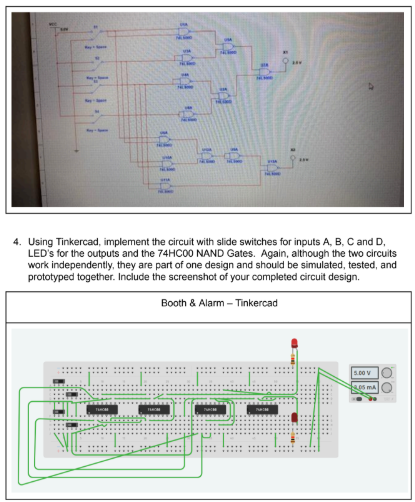 Multisim schematic screenshot of Booth and Alarm circuits